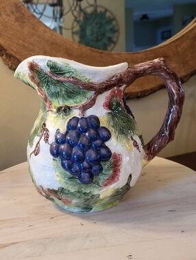 Large Ceramic Grape Vine Water Pitcher Art Pottery Made In China Purple Green
